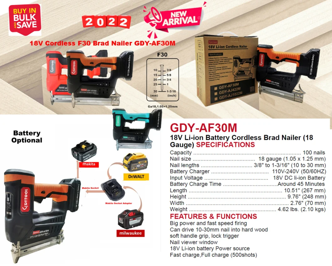 China Factory OEM Powerful Hot Sale Cordless F30 Brad Nailer Gdy-Af30m