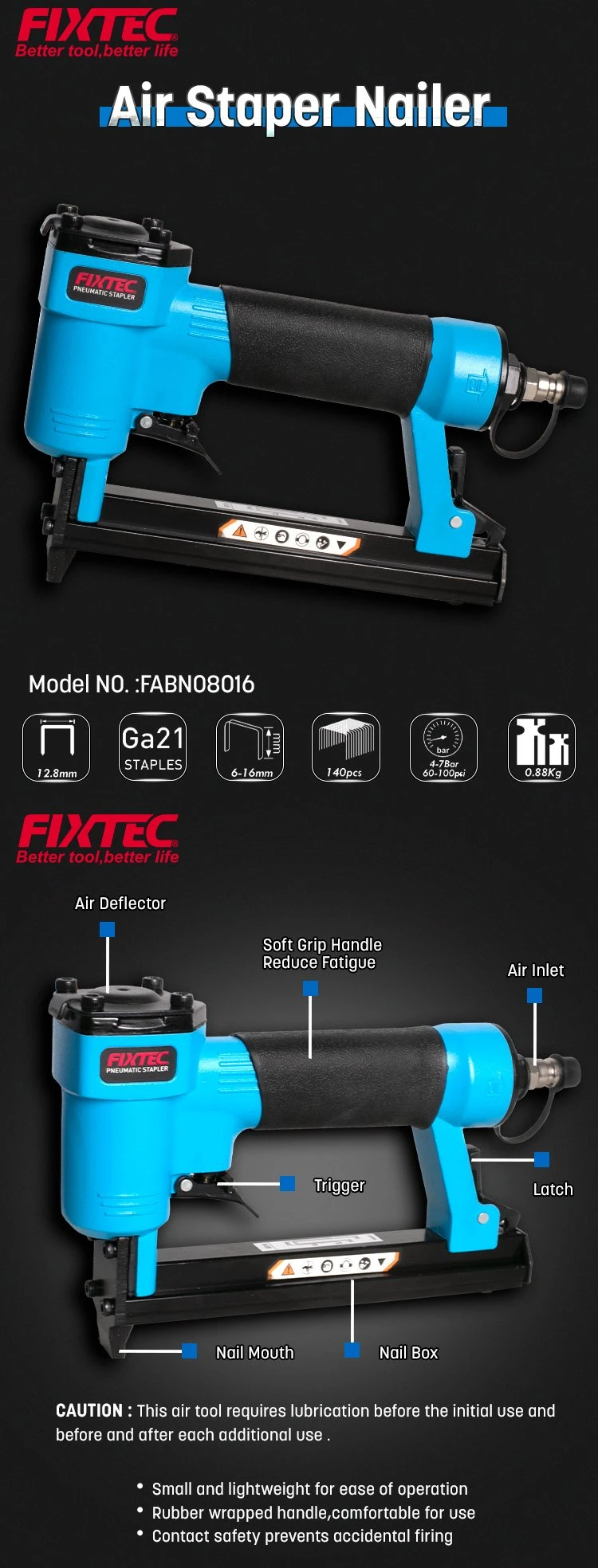 Fixtec Air Tools Nail Gun Pneumatic Air Stapler Nailer Gun Machine