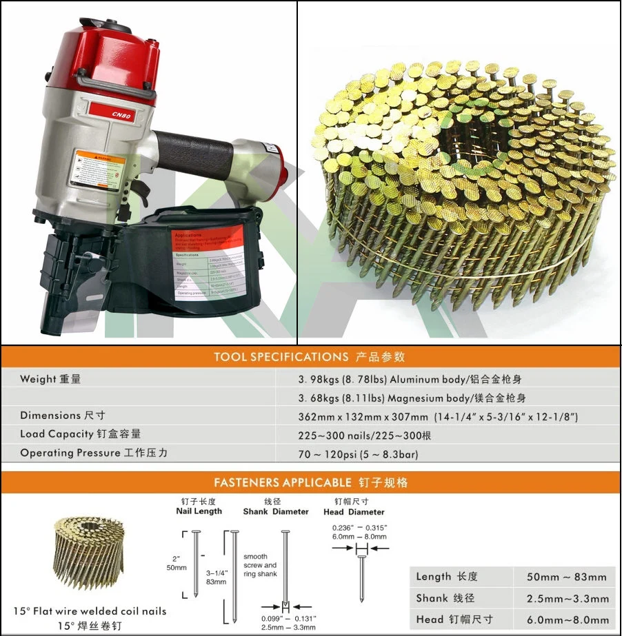 Cn80 Pneumatic Power Wire Collated Coil Nailer